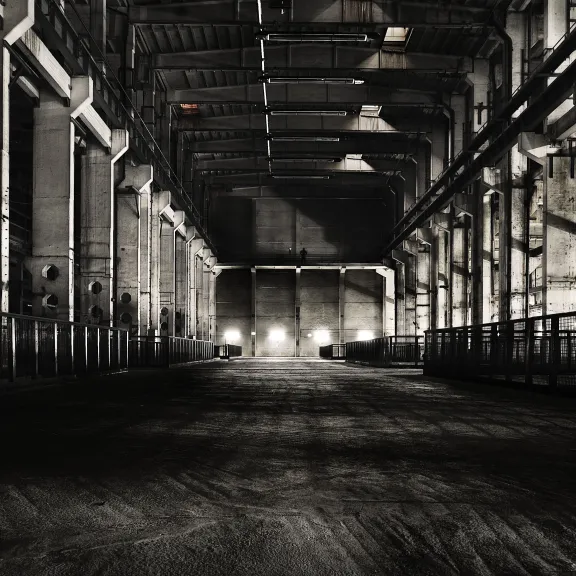Dunkle, leere Industriehalle mit Licht am Ende des Gebäudes.