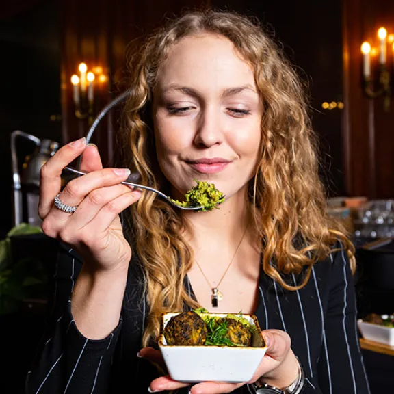woman with aveato food