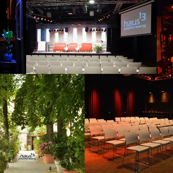 Collage aus Konferenzsaal, leerem Theater und grünem Innenhof im Sommer.