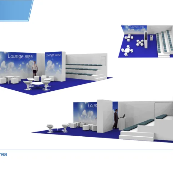 Messe-Lounge-Bereich mit Sitzgruppen und blauer Teppichfläche