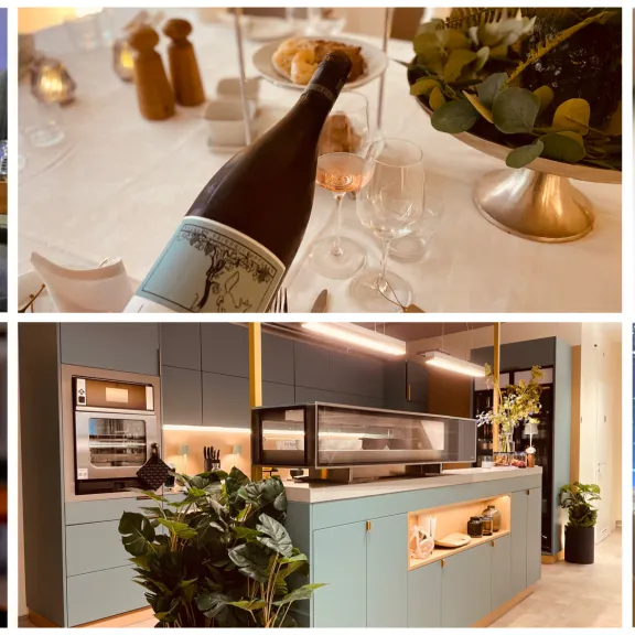 Collage aus modernem Wohnzimmer, gedecktem Tisch, Gourmet-Essen, Buffet, Küche und Esszimmer.