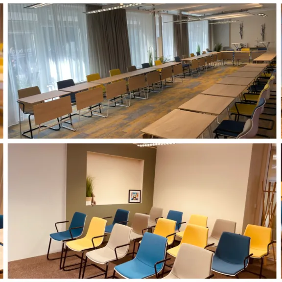 Verschiedene moderne Besprechungs- und Seminarräume mit bunten Stühlen und Technik.