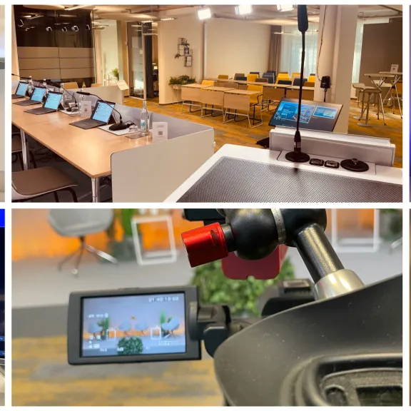 Mehrere Ansichten eines modernen Fernsehstudios mit Kameras, Pulten und Technik.