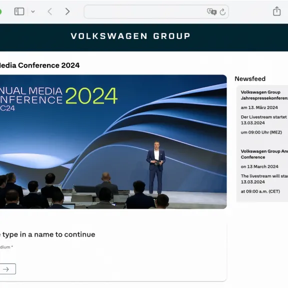 Ein Screenshot der Microsite und des Livestreams für die Jahrespressekonferenz des Volkswagen Group. 