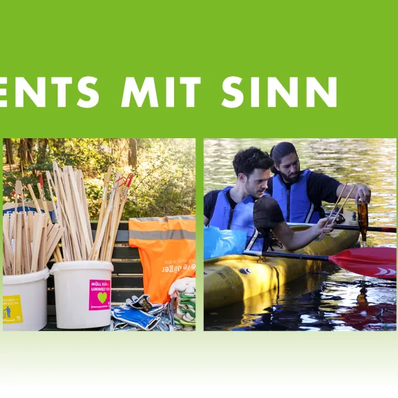 Menschen arbeiten gemeinsam draußen an verschiedenen Projekten, grün-weißer Hintergrund.