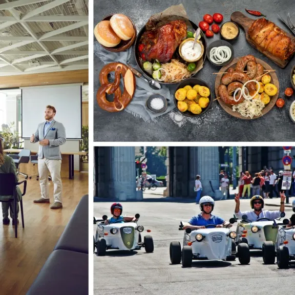 Geschäftspräsentation, gedeckter Tisch mit Speisen, Kart-Rennen im Freien.