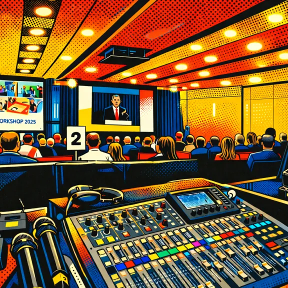 Tonstudio mit Mischpult, Kameras und Publikum bei einer Konferenz in einem modernen Raum.