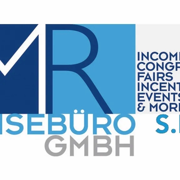 Logo von MR Reisebüro GmbH mit blauem und grauem Text auf weißem Hintergrund