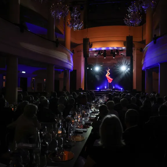 Dunkler Saal mit Publikum, Bühne beleuchtet, Artistin schwebt in der Luft.