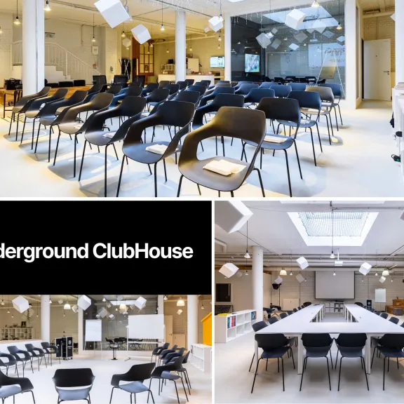 Fotocollage bestehend aus drei Bildern, die den Raum in verschiedenen Bestuhlungsmöglichkeiten zeigt. Dazu mit schwarzem Hintergrund der Name der Eventlocation.