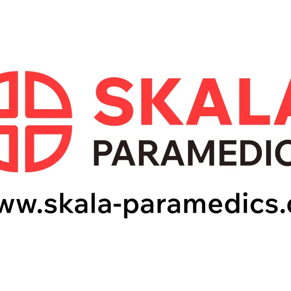 Logo von SKALA Paramedics mit rotem Symbol und Webadresse