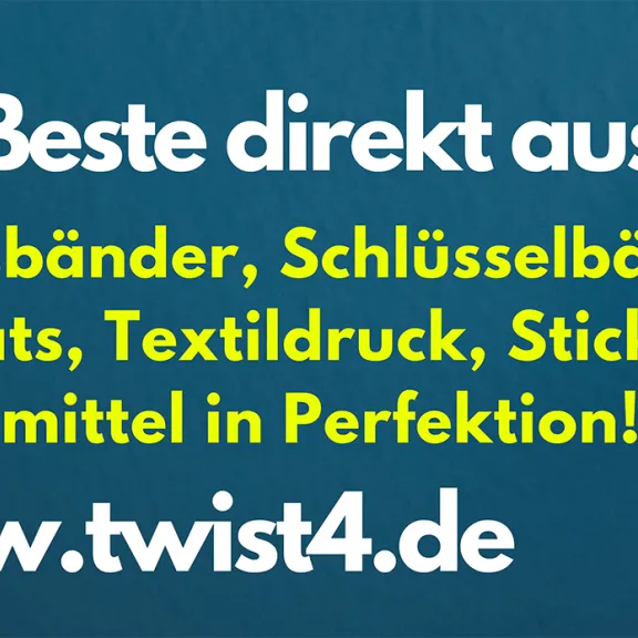 Werbebanner mit Frau, Text zu Werbemitteln und Website www.twist4.de auf blauem Hintergrund.