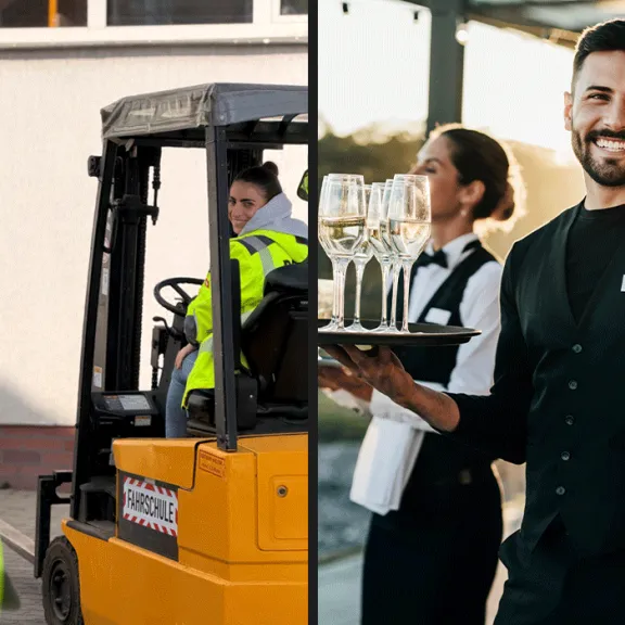 Verschiedene Menschen arbeiten in Service- und Logistikberufen bei einer Großveranstaltung.