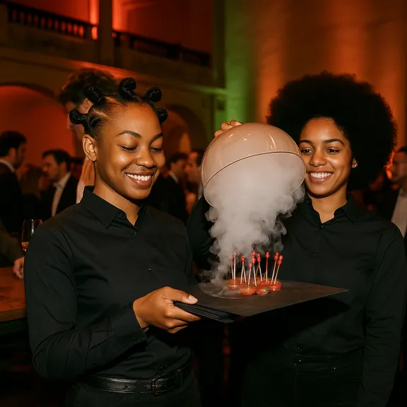 Zwei Frauen servieren Rauch umhüllte Häppchen auf einem Tablett bei einem eleganten Event.