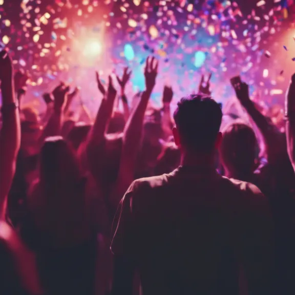 Menschenmenge feiert bei Konzert, bunte Lichter und Konfetti in der Luft.