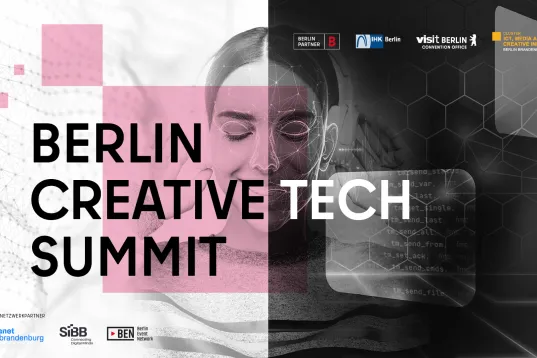 Split-color graphic for Berlin Creative Tech Summit with a woman's face and tech-inspired design.
