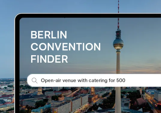 Berlin TV Tower framed within a tablet featuring the text “Berlin Convention Finder” in white lettering