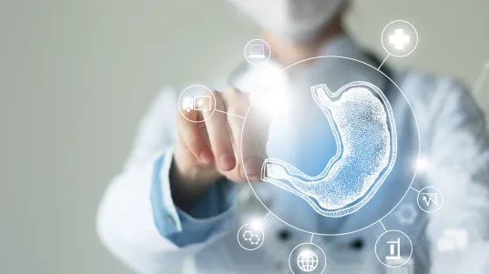 Doctor touches digital hologram of stomach on screen.