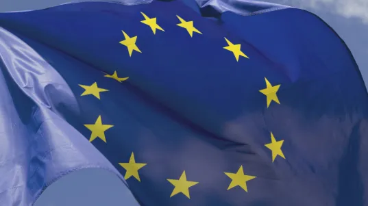 Europaflagge mit zwölf gelben Sternen auf blauem Hintergrund weht im Wind.