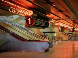 ICC from the inside, staircase to Room 1 with red lighting