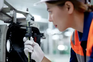 A woman wearing a helmet and safety vest carefully inspects a machine component in a factory.