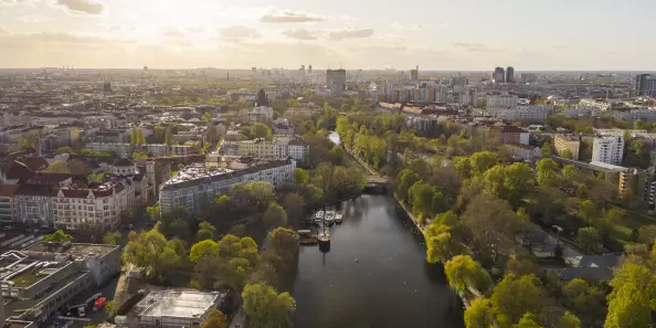 Germany, Berlin, Aerial view of Landwehr Canal at sunset