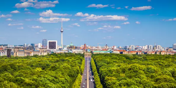 Berlin Skyline with view to the Tiergarten and the Brandenburg Gate and TV Tower