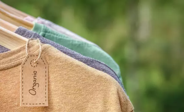 Organic clothes, t-shirts hanging on wooden hangers with green forest, nature in background.