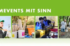 Menschen arbeiten gemeinsam draußen an verschiedenen Projekten, grün-weißer Hintergrund.