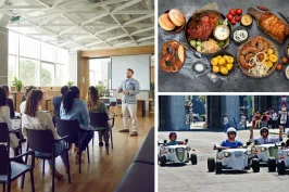 Geschäftspräsentation, gedeckter Tisch mit Speisen, Kart-Rennen im Freien.