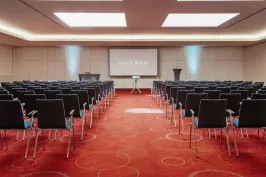 Konferenzraum mit roten Teppich, vielen Stuhlreihen und einer großen Leinwand vorne.