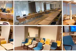 Verschiedene moderne Besprechungs- und Seminarräume mit bunten Stühlen und Technik.