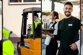 Verschiedene Menschen arbeiten in Service- und Logistikberufen bei einer Großveranstaltung.