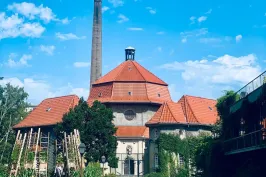 Backstein-Gebäude mit rotem Dach, Schornstein und blauem Himmel im Hintergrund