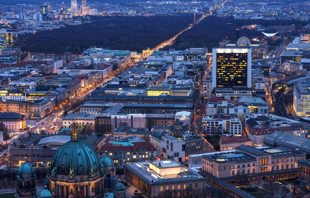 View of Berlin at night towardsthe Tiergarten and the Berlin Cathedral