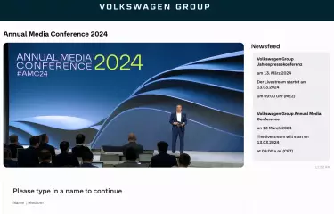 Ein Screenshot der Microsite und des Livestreams für die Jahrespressekonferenz des Volkswagen Group. 
