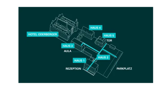 Grafik eines Gebäudplans mit markierten Sälen, Rezeption, Hotel und Parkplatz.