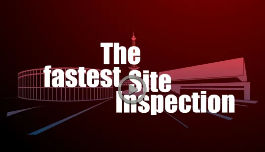 Weißer Text "The fastest site inspection" vor rotem Hintergrund mit Gebäudeskizze.