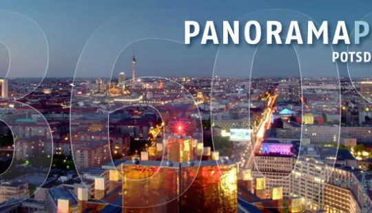Werbeheader für Panorama Punkt Berlin, Berlin Skyline bei Nacht, Zusammenschnitt aus 4 Perspektiven