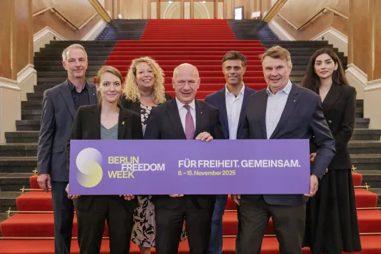 Group photo at the press conference marking the start of Berlin Freedom Week at the Rotes Rathaus (Red City Hall)