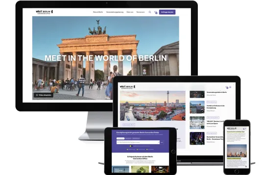 Website shown on desktop, tablet, and smartphone screens with Berlin landmarks.