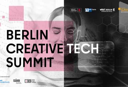 Split-color graphic for Berlin Creative Tech Summit with a woman's face and tech-inspired design.