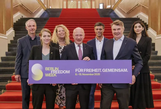 Group photo at the press conference marking the start of Berlin Freedom Week at the Rotes Rathaus (Red City Hall)