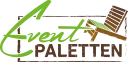 Logo mit grünem Schriftzug "Event" und braunem Schriftzug "PALETTEN", daneben Liegestuhl.