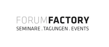 Logo: FORUMFACTORY, Seminare, Tagungen, Events in schwarzer Schrift auf weißem Hintergrund.