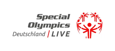 Logo von Special Olympics Deutschland LIVE mit stilisierten Menschen in rot, die sich an den Händen berühren und Text Special Olympics Deutschland Live in Grau und Rot.