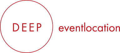 Logo: Roter Kreis mit dem Wort "DEEP", daneben "eventlocation" in Rot.