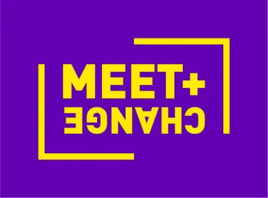 Yellow ‘MEET+CHANGE’ logo on purple background, half mirrored.