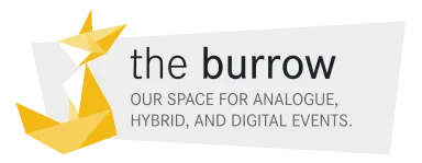 The burrow logo with a yellow origami fox and tagline about analogue, hybrid, and digital events.