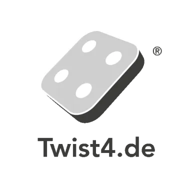 Logo mit einem weißen Dominostein mit vier Punkten und Text "Twist4.de" darunter.